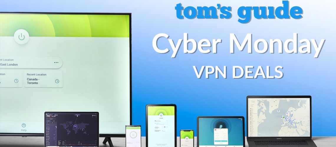 Cyber Monday VPN deals next to various devices running VPN apps.