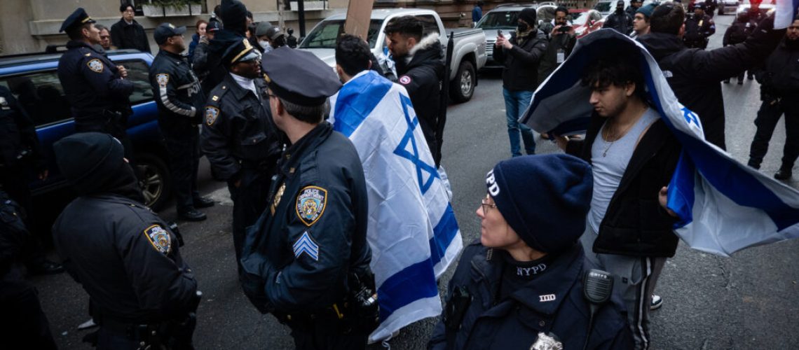 Pro-Palestinian and pro-Israel demonstrators square off outside Columbia University in Manhattan, February 2, 2024. (Luke Tress)