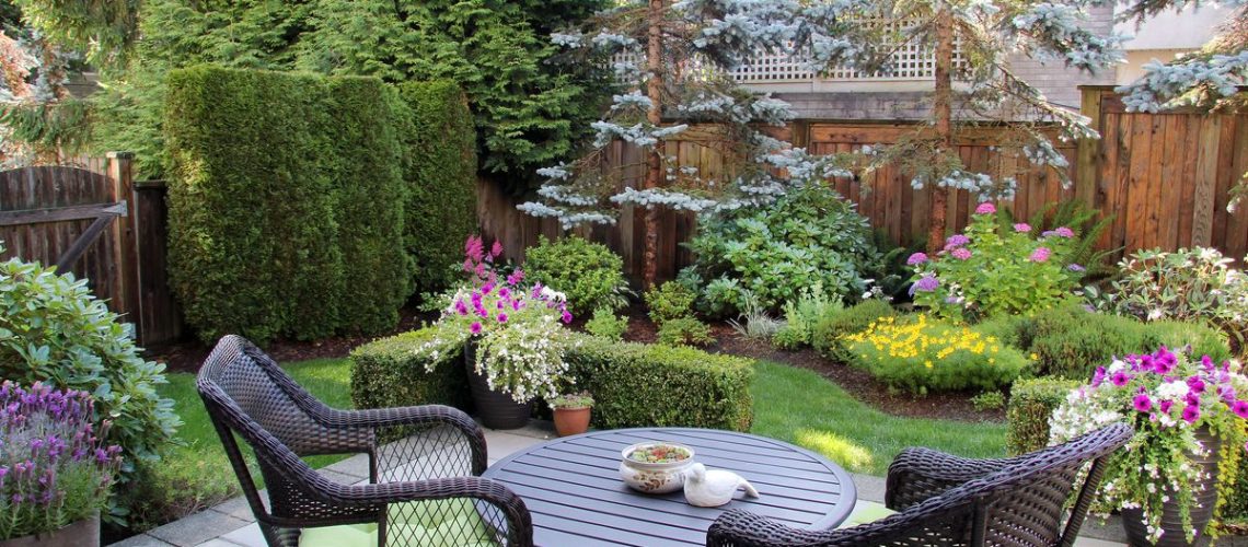 Small yard with outside furniture and tasteful plants around a small lawn