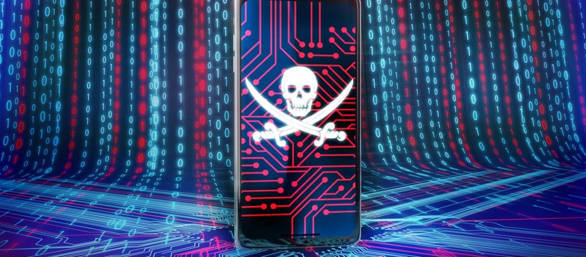 A picture of a skull and bones on a smartphone depicting malware