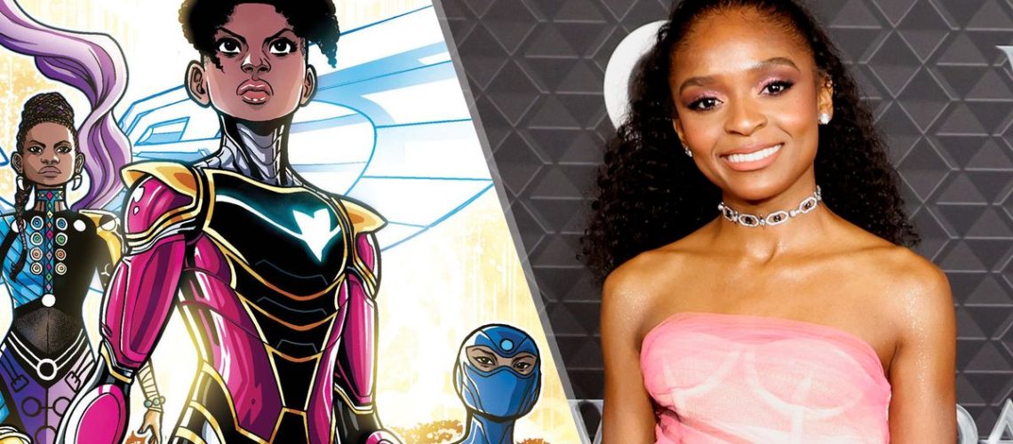 (L, R) Riri Williams/Ironheart in the comics, standing strong in armor, and Dominique Thorne, who will play Ironheart/Riri Williams, attending Marvel Studios