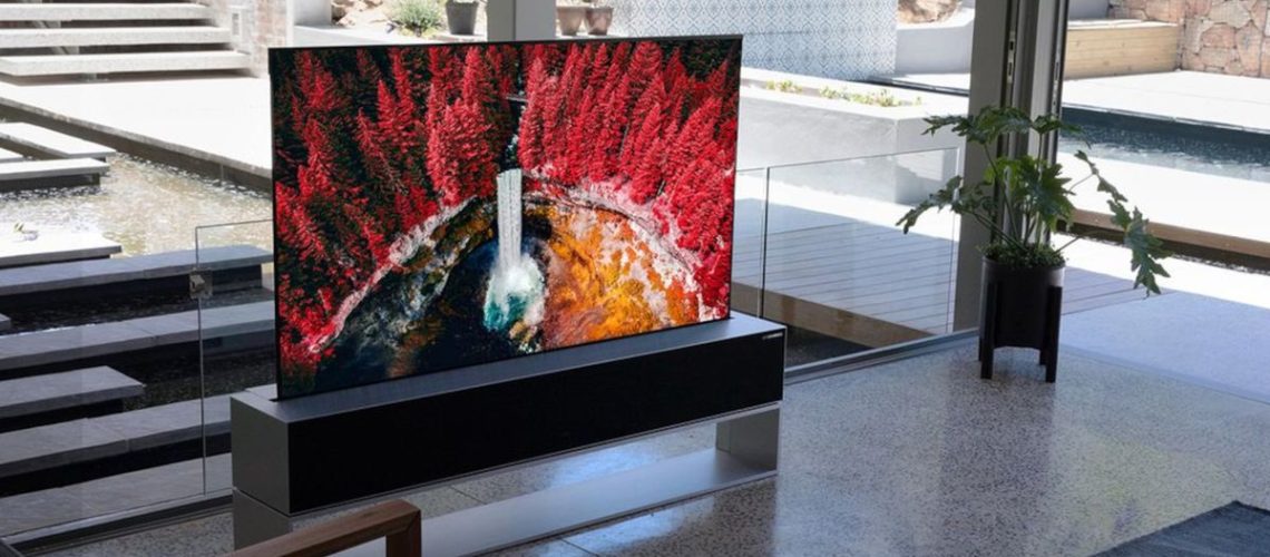 LG rollable OLED R on stand in living room
