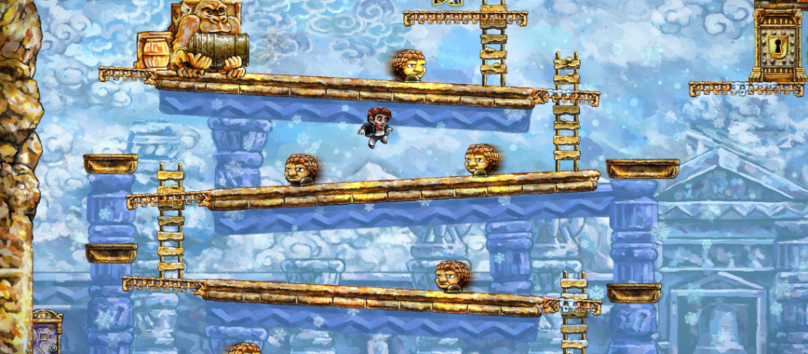 Mutliple enemies on platforms in Braid Anniversary Edition.