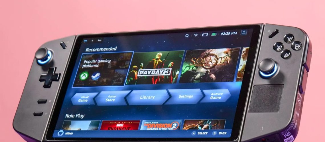 Lenovo Legion Go on a desk displaying the dashboard.
