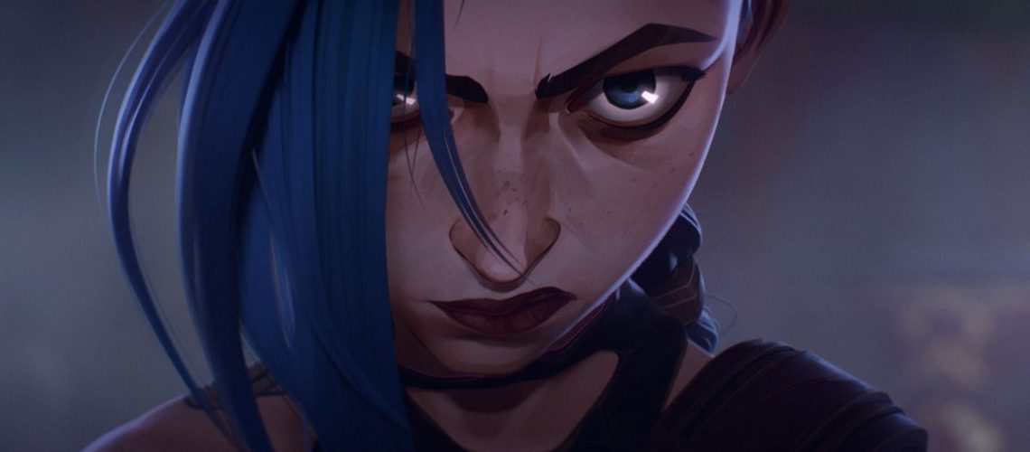 Jinx (voiced by Ella Purnell) looks down the camera in Arcane