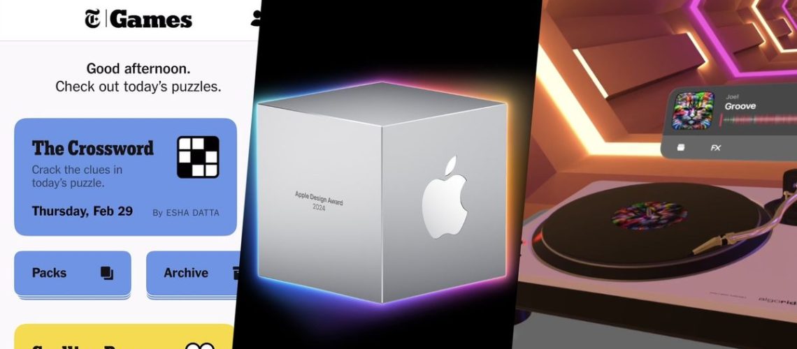 3 split image featuring NYT Games app screenshot, Apple Design Award cube, djay pro screenshot