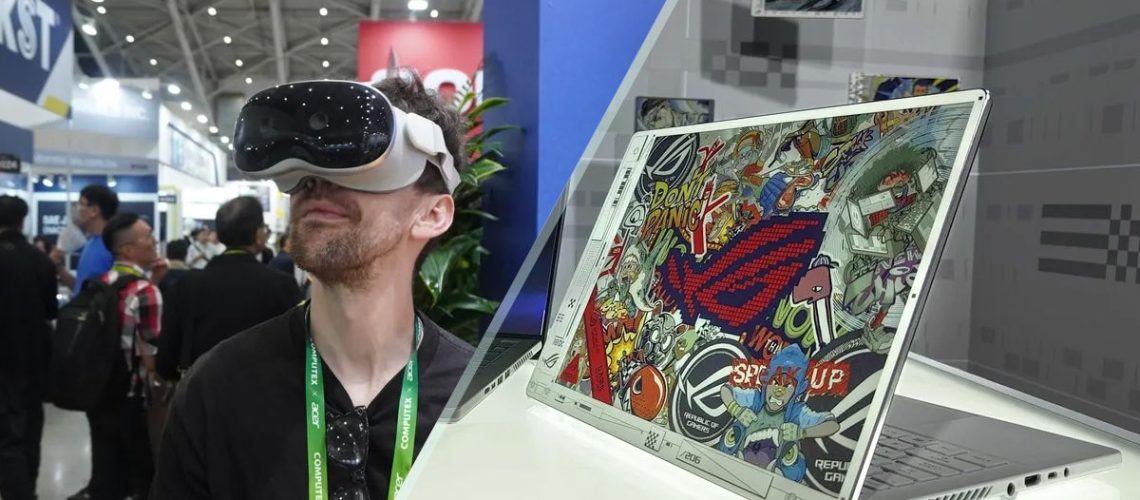 Jason England wearing the EmdoorVR AppleCore AX162 at Computex, with a shot of the Asus Project Dali being held on the right.