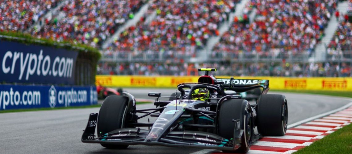 Lewis Hamilton of Great Britain driving the (44) Mercedes AMG Petronas F1 Team W14 during the F1 Grand Prix of Canada at Circuit Gilles Villeneuve on June 18, 2023 in Montreal, Quebec
