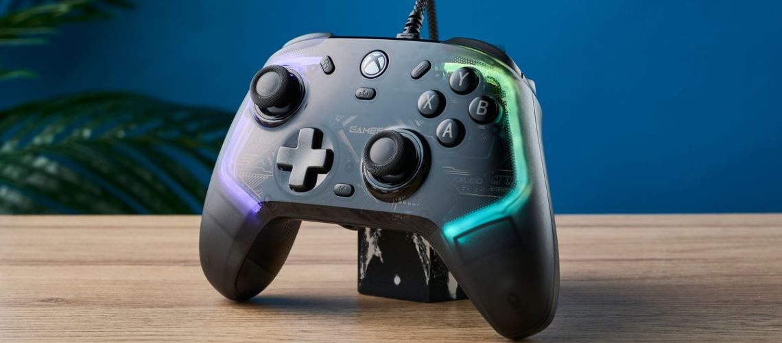 The GameSir Kaleid wired Xbox/PC controller. The photo is a close up of the Xbox button.