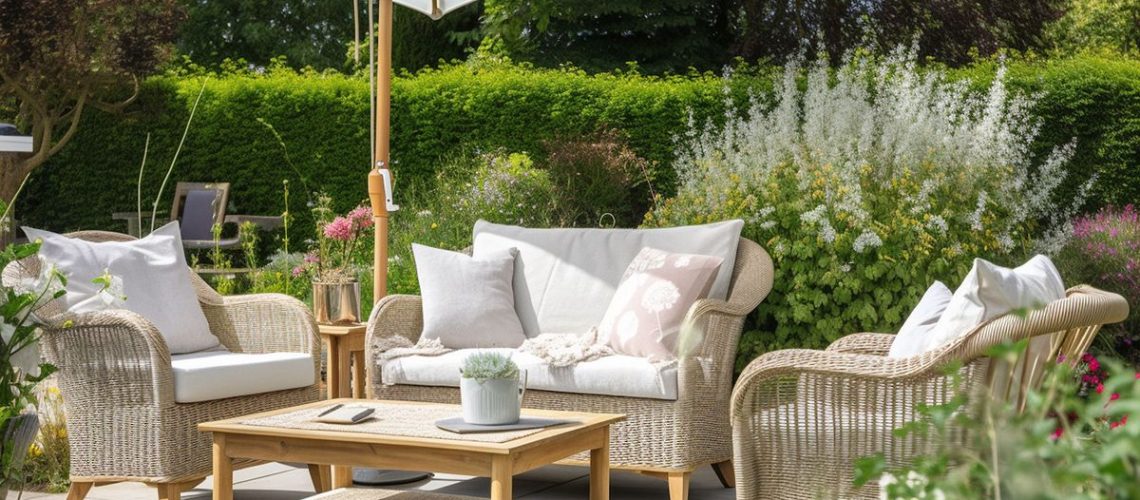 Patio area with comfortable seating and parasol