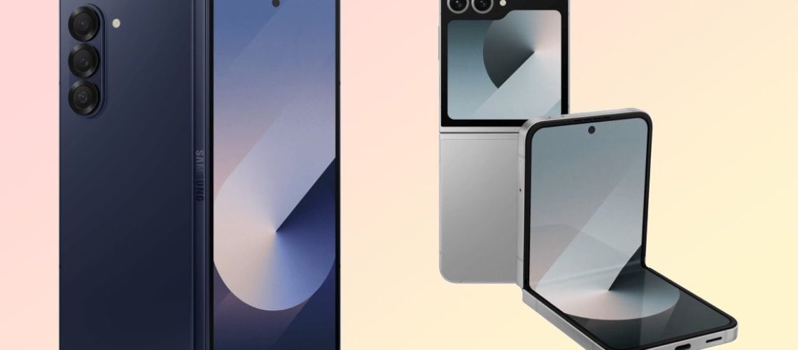 Galaxy Z Fold 6 in Navy and Galaxy Z Flip 6 in silver