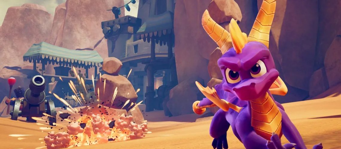 Spyro the purple dragon running away from an explosion in Spyro Reignited Trilogy.