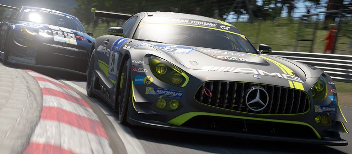 A Mercedes Benz car leading a race in Gran Turismo Sport.