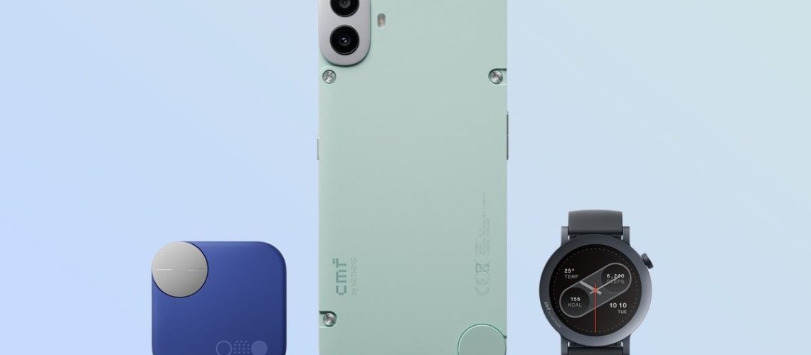 CMF Phone 1 by Nothing flanked by CMF Watch Pro 2 and CMF Buds Pro 2.