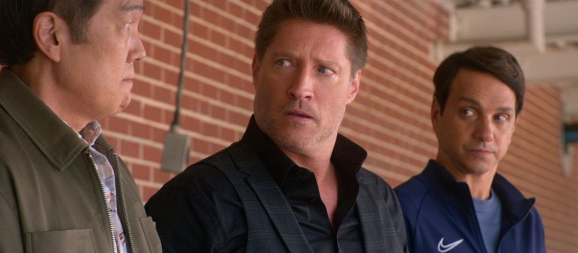 Yuji Okumoto as Chozen Toguchi, Sean Kanan as Mike Barnes, Ralph Macchio as Daniel LaRusso in episode 503 of Cobra Kai.