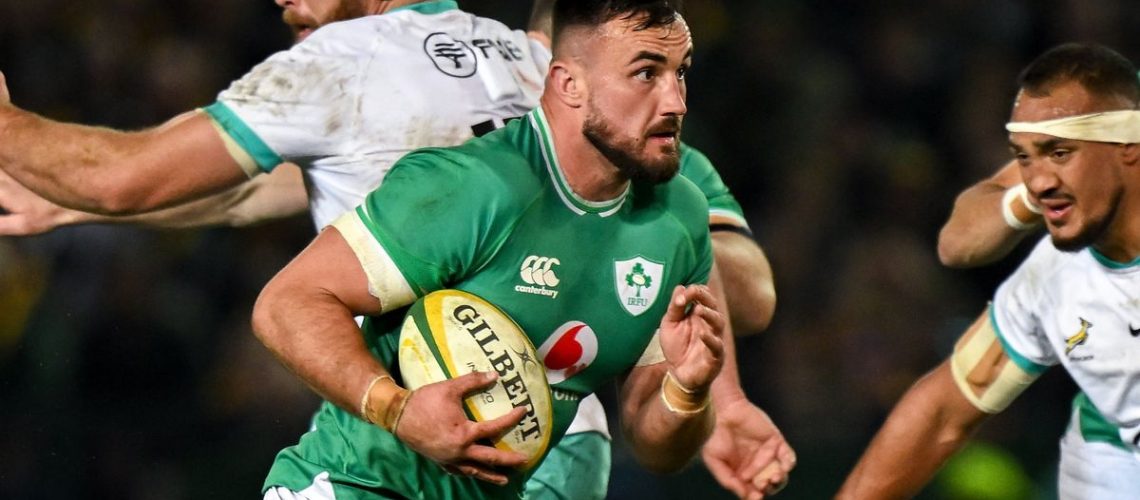 Rónan Kelleher of Ireland makes a break in the lead up to South Africa vs Ireland at the rugby Summer Internationals 2024
