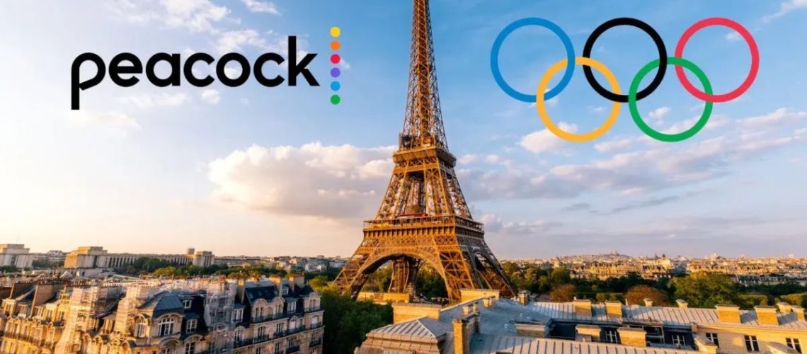 Peacock and Olympics logos for 2024 Olympics surrounding Eiffel Tower