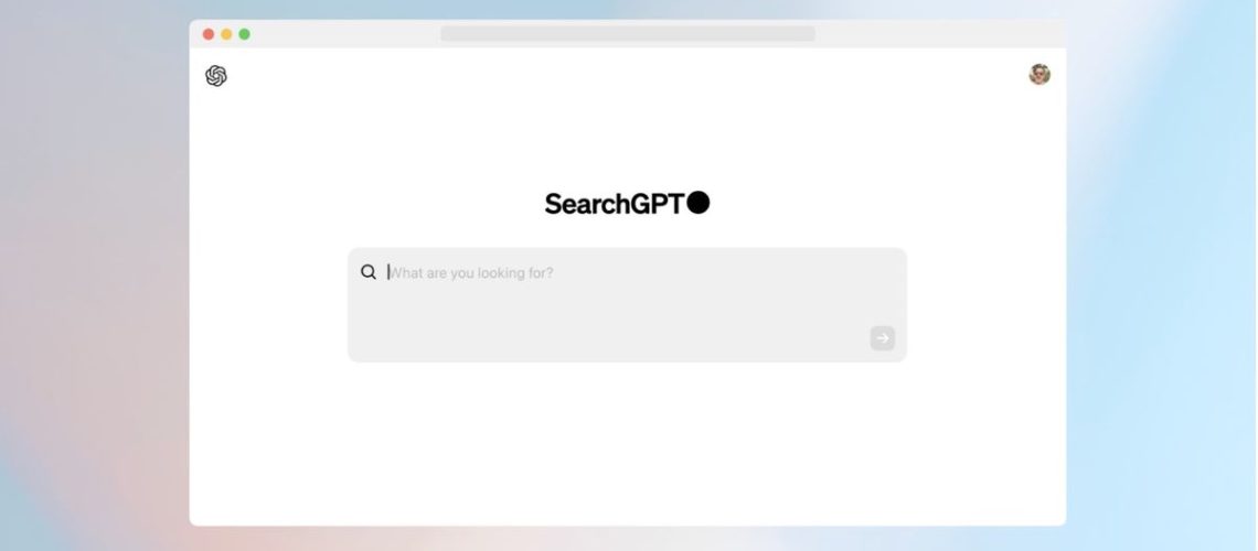 The SearchGPT interface on a colorful background