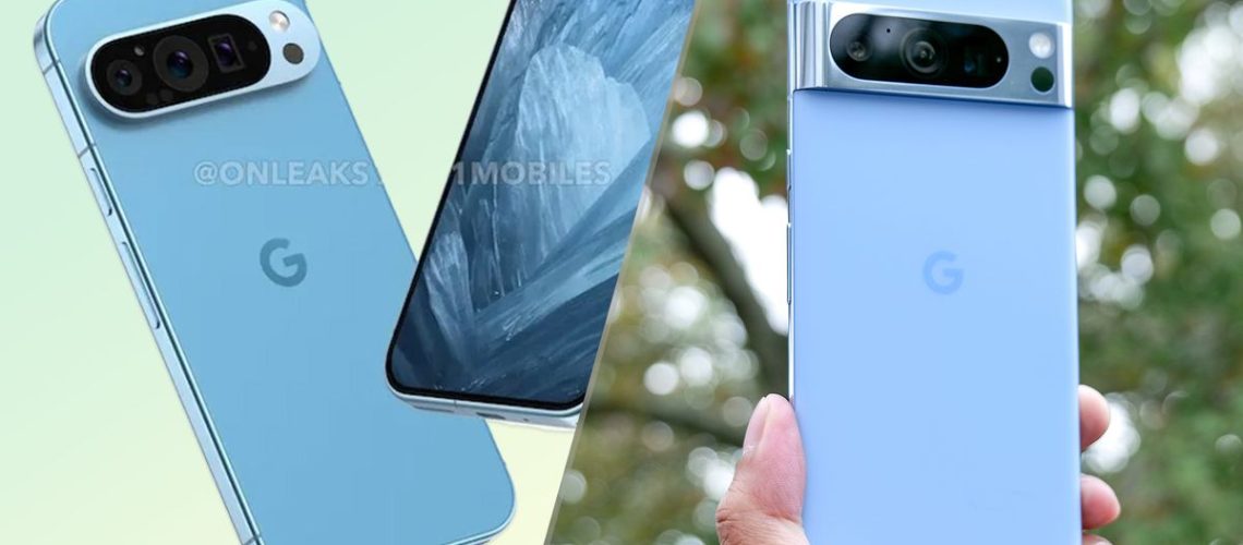 Rendered image of alleged Pixel 9 Pro with photo of Pixel 8 Pro in hand.
