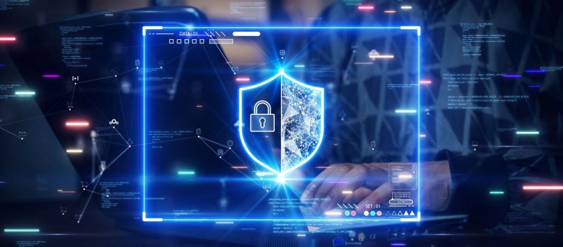 A digital concept image of a VPN protecting internet data. The VPN is an electric blue shield in a browser window