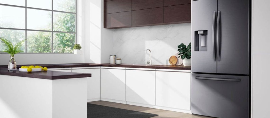 The Samsung RF28R6201SR refrigerator in a kitchen