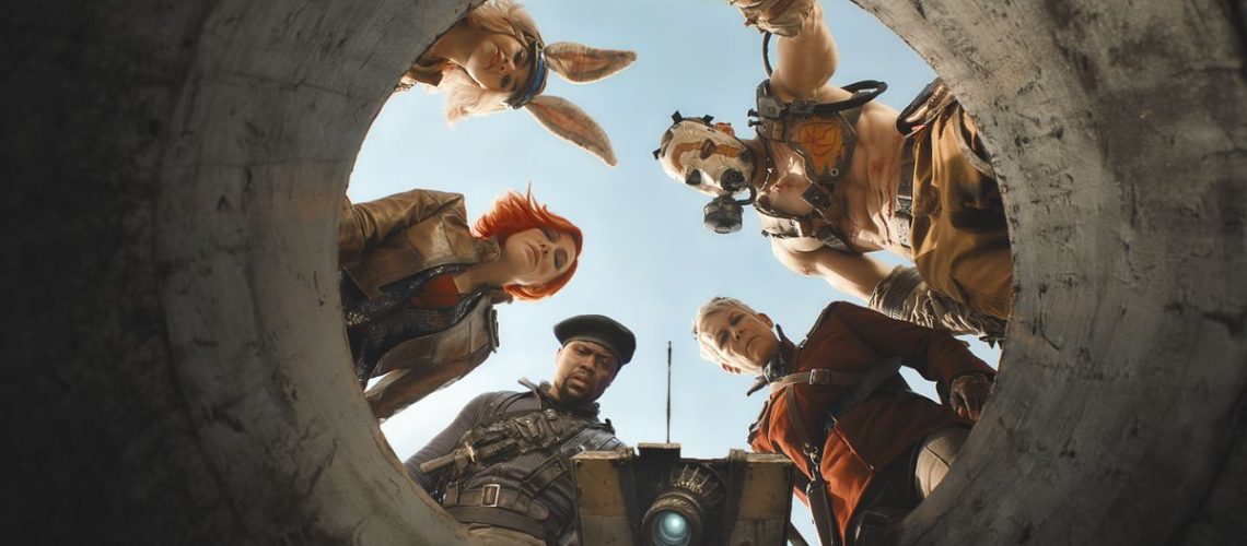 Lilith (Cate Blanchett), Tiny Tina (Arian Greenblatt), Roland (Kevin Hart), Krieg (Florian Munteanu), Tannis (Jamie Lee Curtis) and Claptrap (voiced by Jack Black) looking down a manhole in the