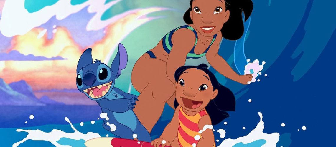 (L to R) Stitch, Lilo and Nani surfing in Lilo and Stitch