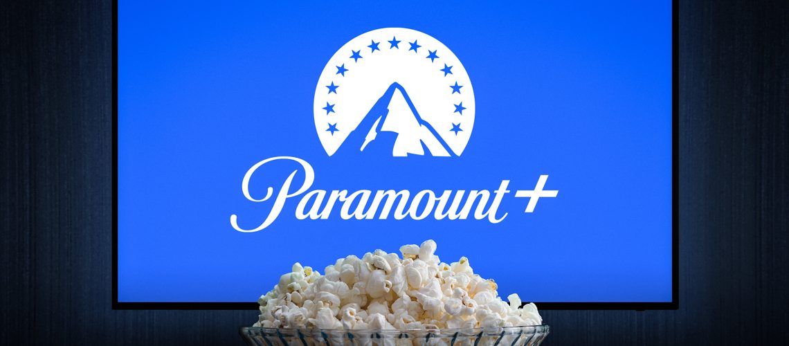 Paramount Plus on a TV screen with a bowl of popcorn