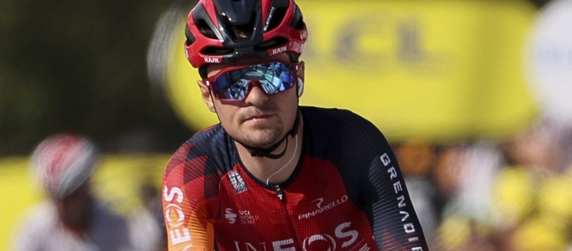 Tom Pidcock of Great Britain crossed the finish line ahead of the 2024 Tour of Britain cycling race