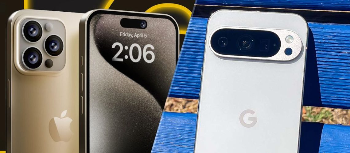 A split image with a rumor-based render of the iPhone 16 Pro on the left and a real-life photo of the Google Pixel 9 Pro on the right