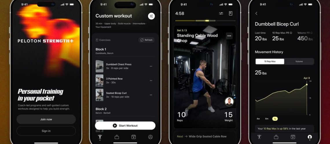 Screenshots of the Peloton Strength+ app