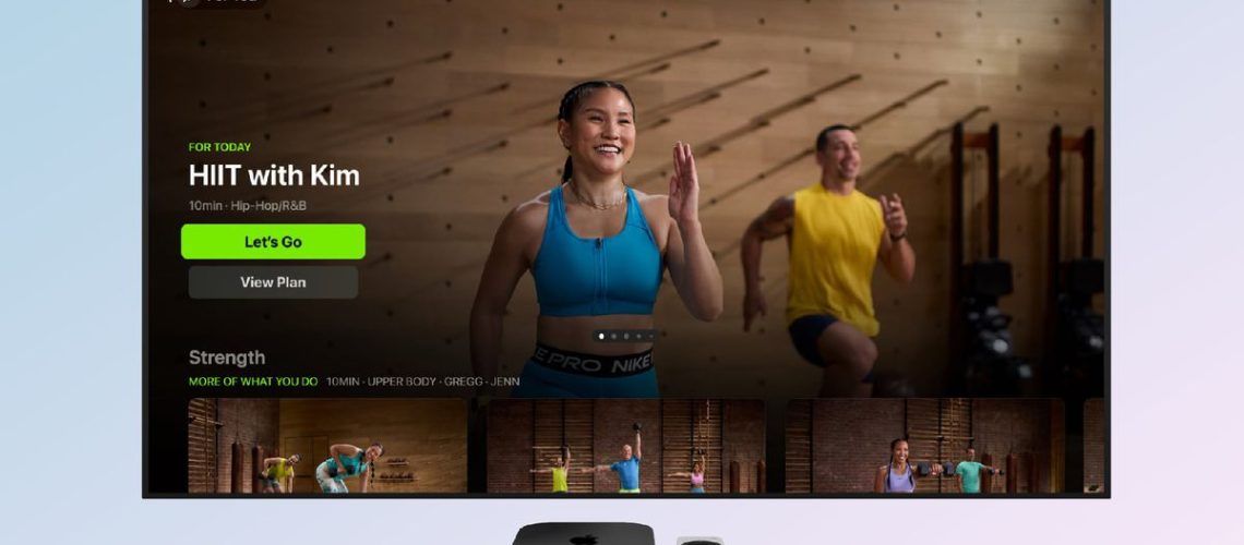 Apple tvOS 18 fitness with Apple TV 4K on gradient