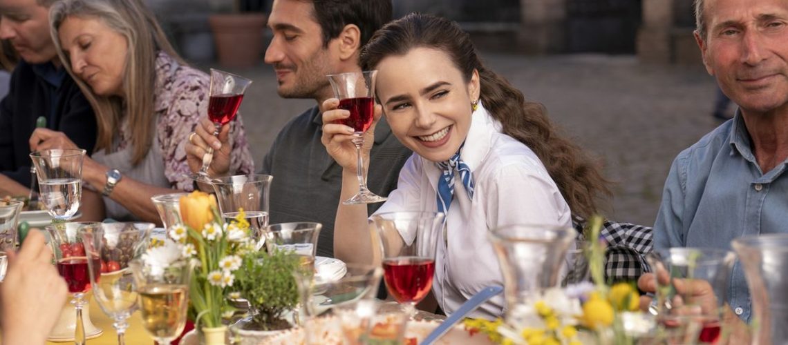 Eugenio Franceschini as Marcello, Lily Collins as Emily in episode 410 of Emily in Paris