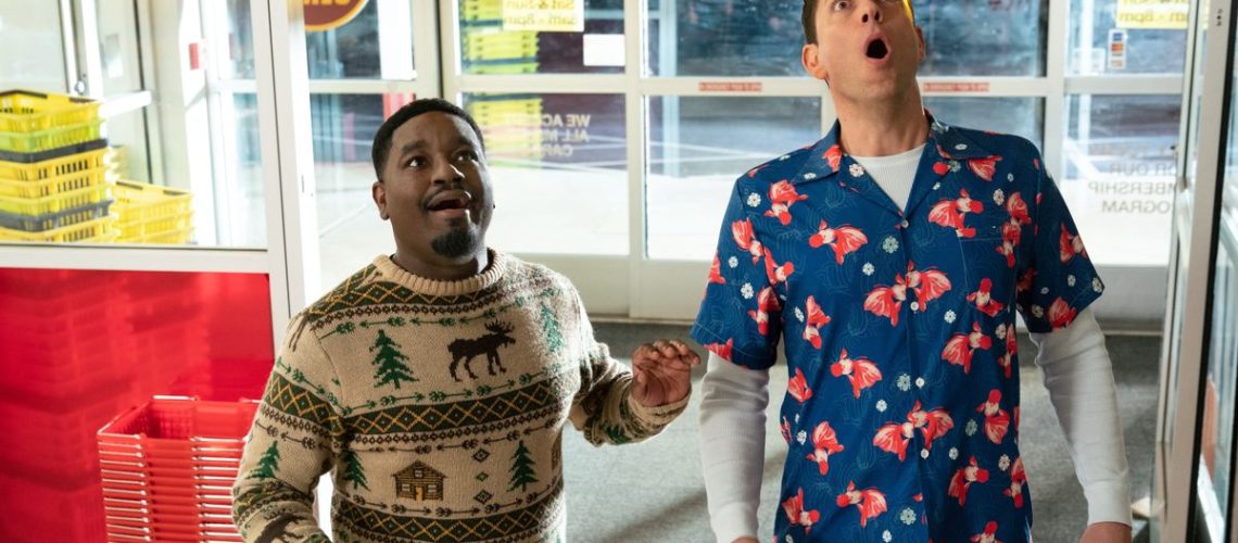 Moose (Lil Rey Howery) and Harold (Zachary Levi) (L-R) looking shocked in "Harold and the Purple Crayon"