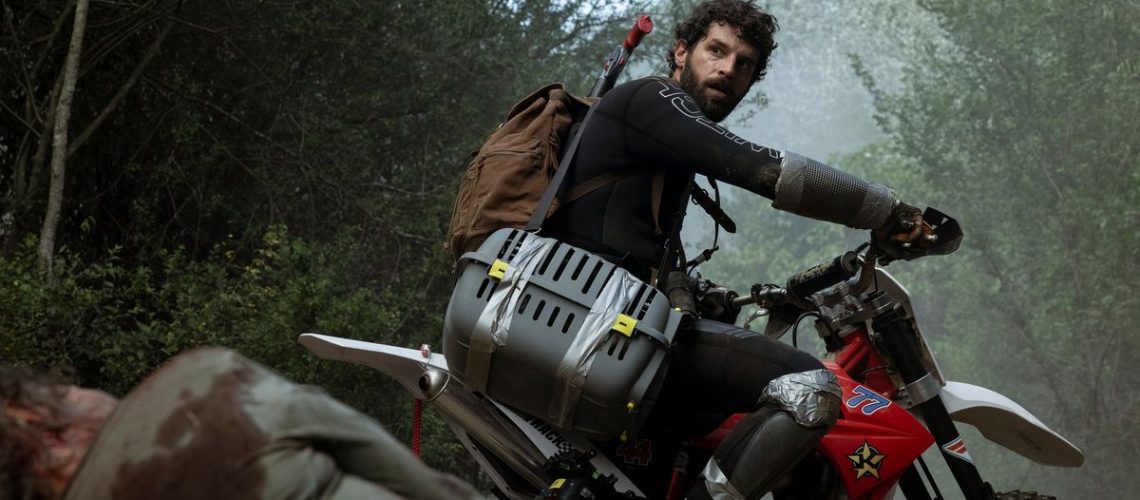 Manel riding his motorcycle in "Apocalypse Z: The Beginning of the End" on Prime Video.