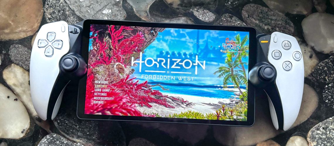 The PlayStation Portal on a counter with the start screen for Horizon Forbidden West
