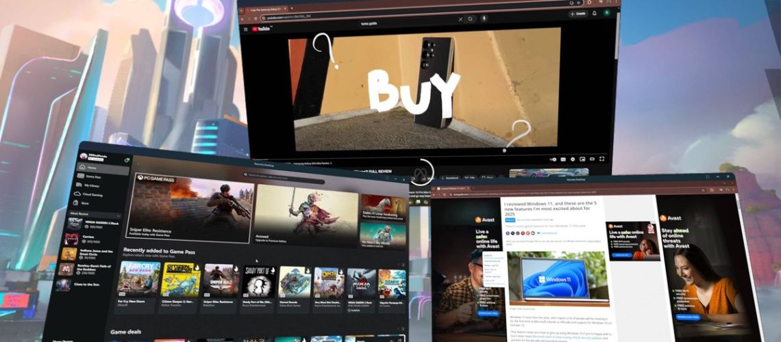 Meta Quest 3 interface showing three virtual monitors of Windows 11 PC with Xbox Game Pass app and Tom's Guide website open