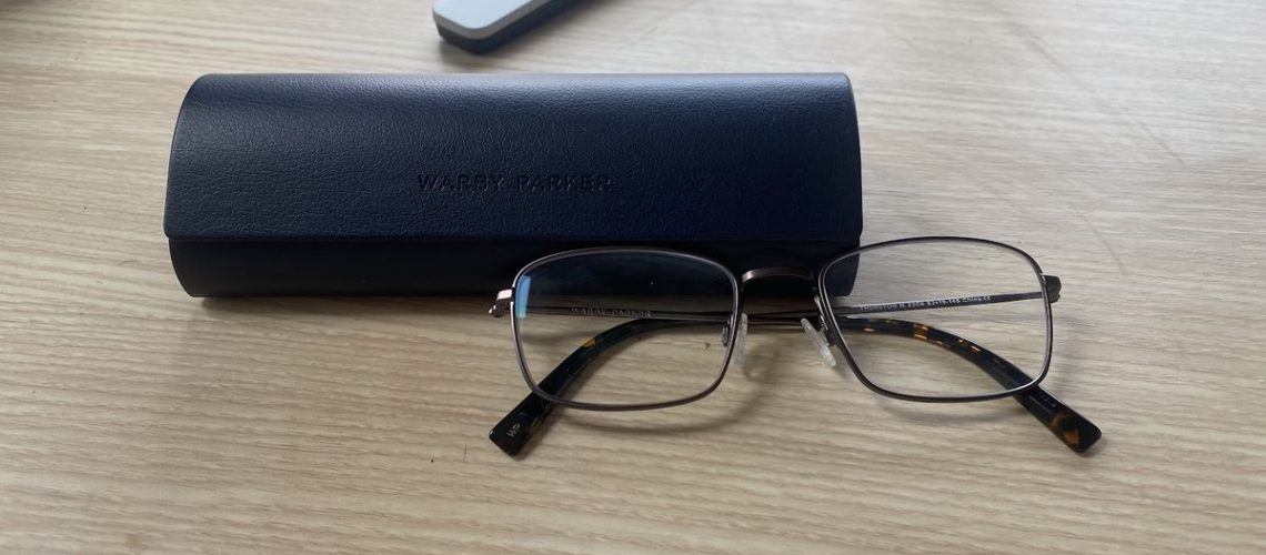 A pair of prescription blue light blocking glasses