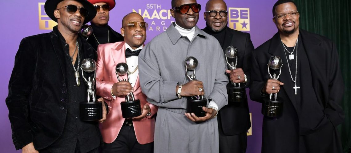 Ralph Tresvant, Ronnie DeVoe, Michael Bivins, Johnny Gill, Bobby Brown, and Ricky Bell of New Edition, recipients of the Hall of Fame Award, pose in the press room during the 55th Annual NAACP Awards.
