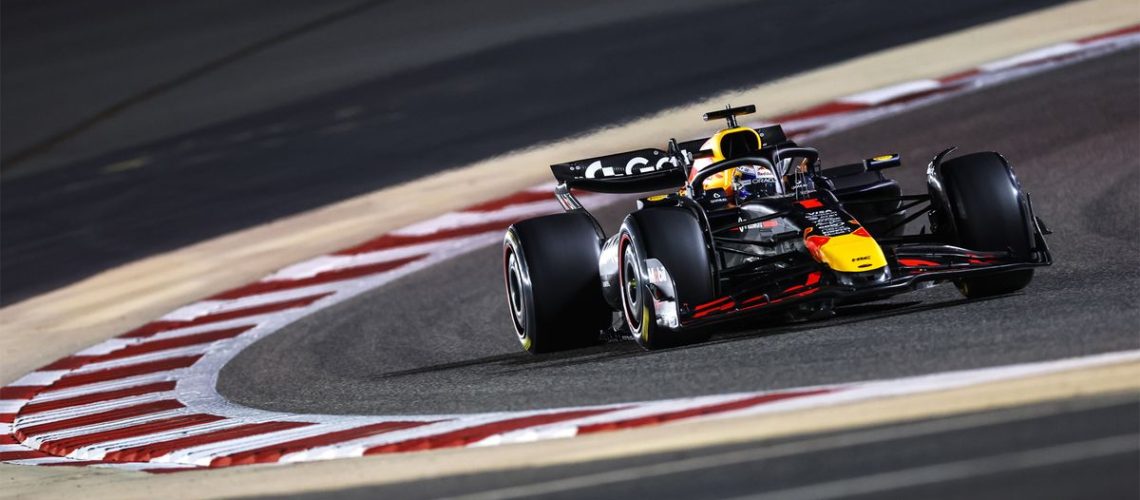 Max Verstappen driving his Red Bull round a bend during Bahrain testing for the 2025 season.