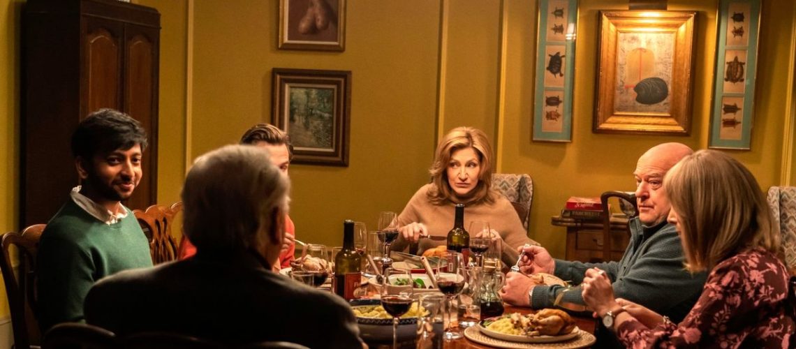 (From L to R) Rohan (Nik Dodani), Josh (Brandon Flynn), Dorothy (Edie Falco), John (Dean Norris), and Liddie (Lisa Kuthrow) in The Parenting