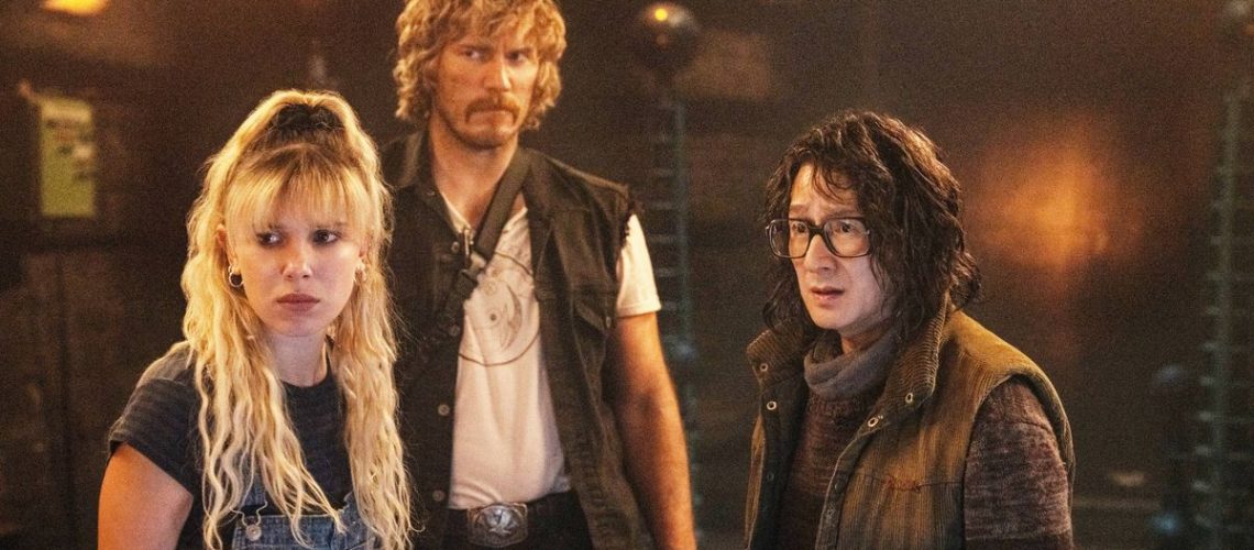 Michelle (Millie Bobby Brown) , Keats (Chris Pratt) and Dr. Amherst (Ke Huy Quan) in "The Electric State" on Netflix