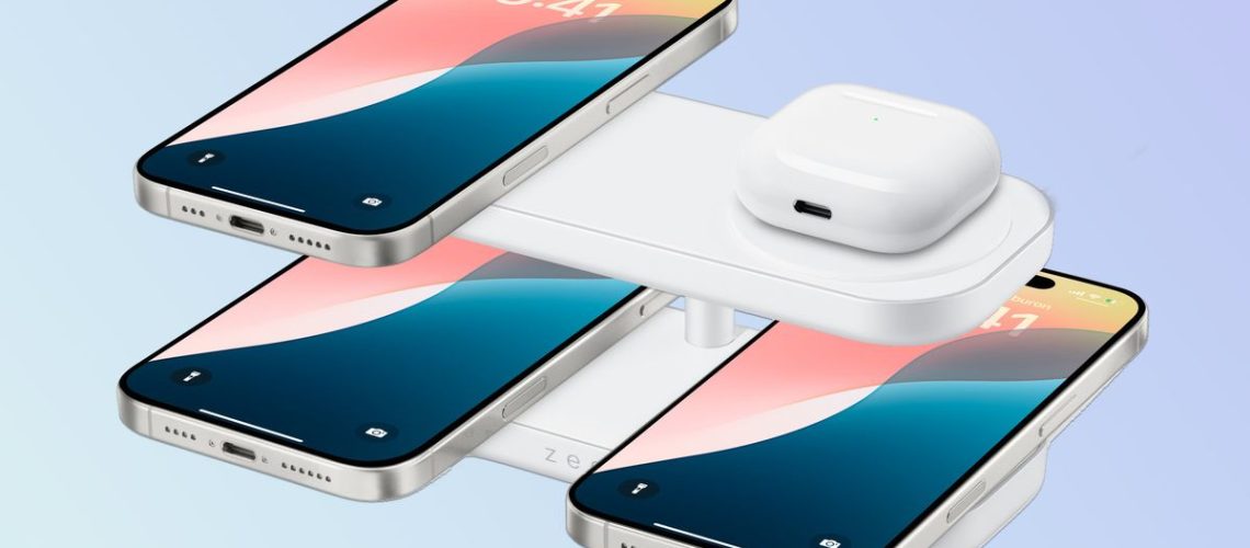 Zens Quattro Wireless Charging Pro 4 charging station with 3 iphones and an AirPods case