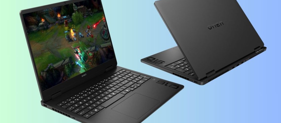 HP Omen 16 Slim laptop models front and back angles on colored background