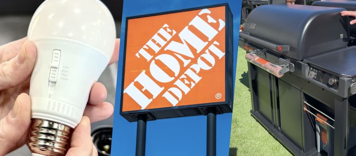 EcoSmart Universal Select lightbulb, Home Depot sign and Traeger Woodridge Pro pellet smoker