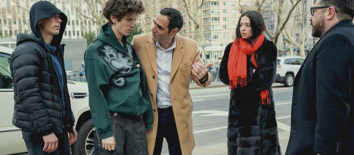 (L-R) Yura Borisov as Igor, Mark Eydelshteyn as Vanya, Karren Karagulian as Toros and Mikey Madison as Anora "Ani" Mikheeva in "Anora"