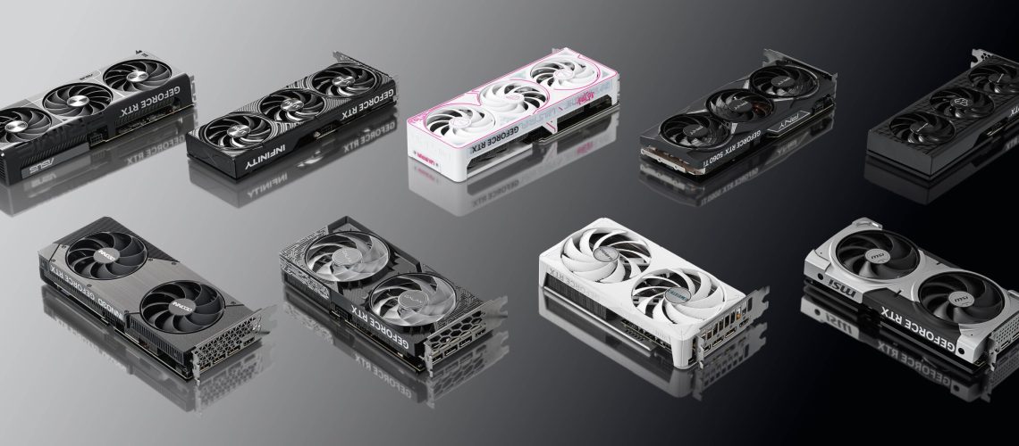 Nvidia GeForce RTX 5060 Ti GPUs lined up in shaded background