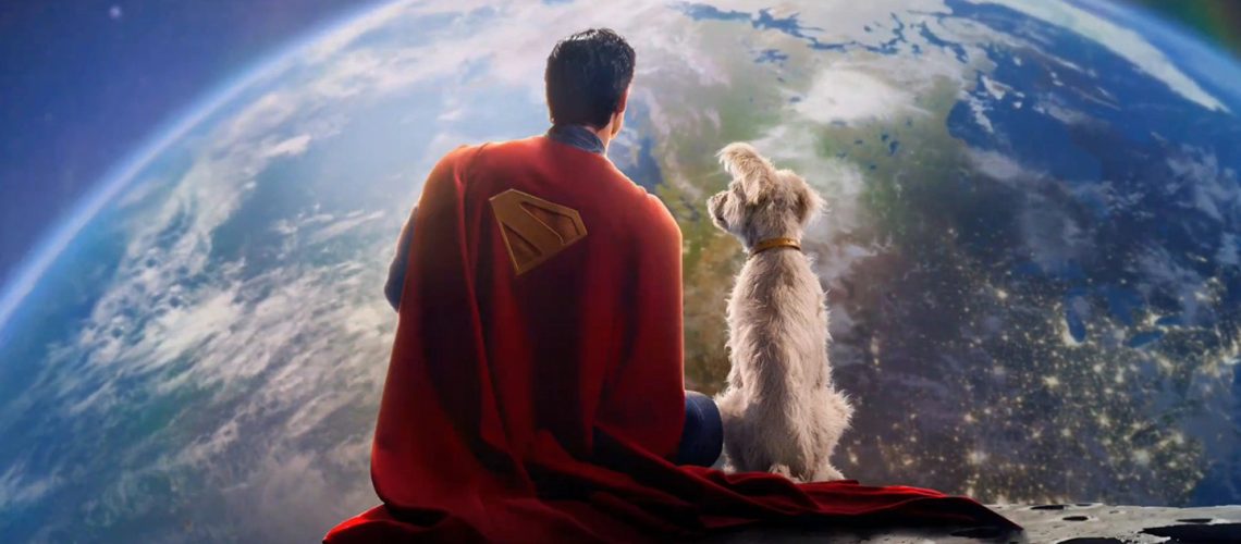 Promotional image from James Gunn's Superman (2025) which shows Superman and Krypto the dog viewing Earth from the moon.