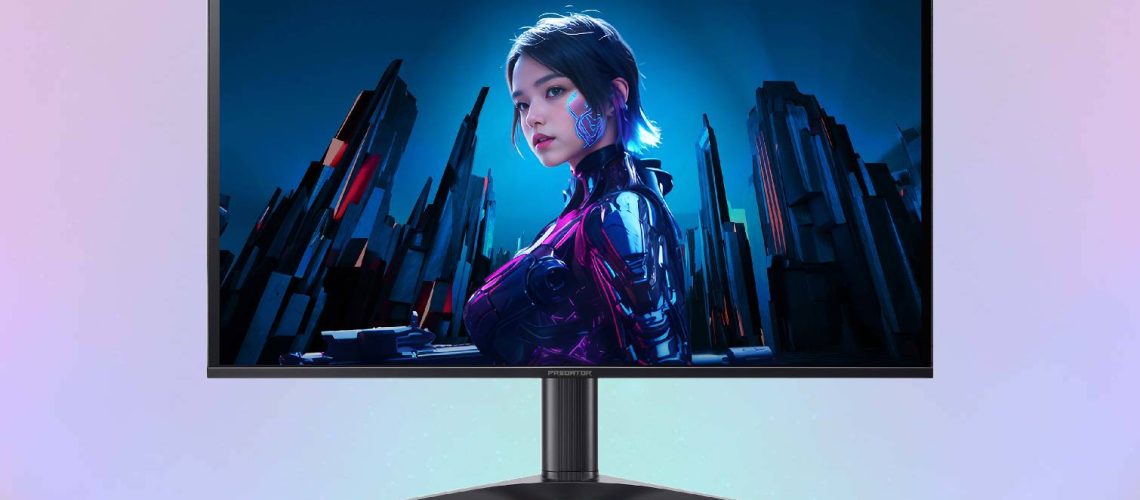 Acer Predator X27U F5 gaming monitor with cyber woman graphic on display on purple pulse color background