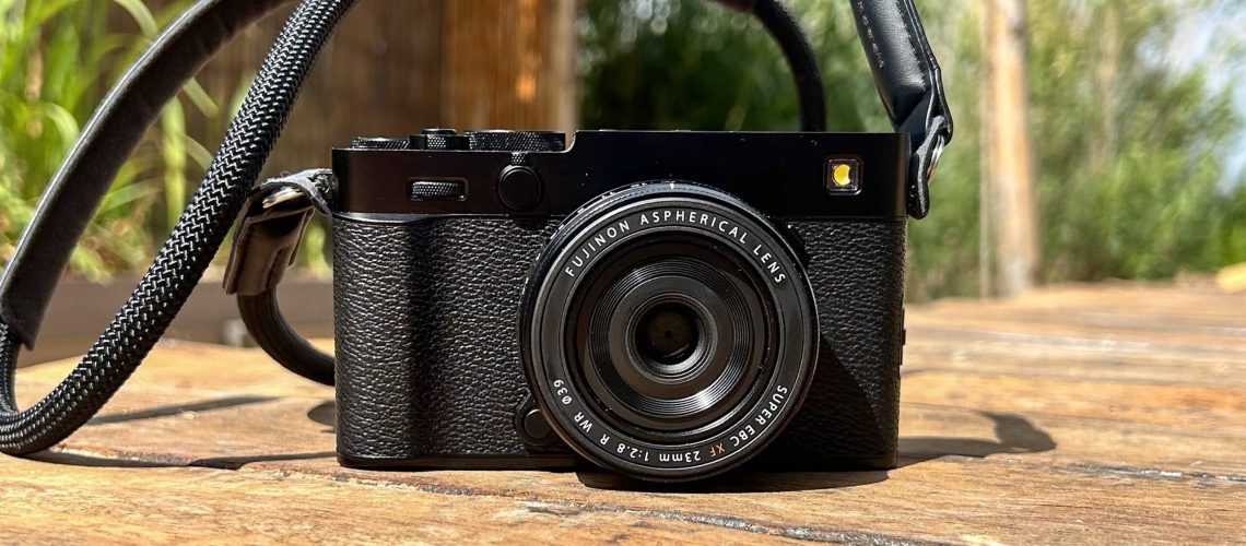 The new Fujifilm X-E5 film simulation camera photographed outside.